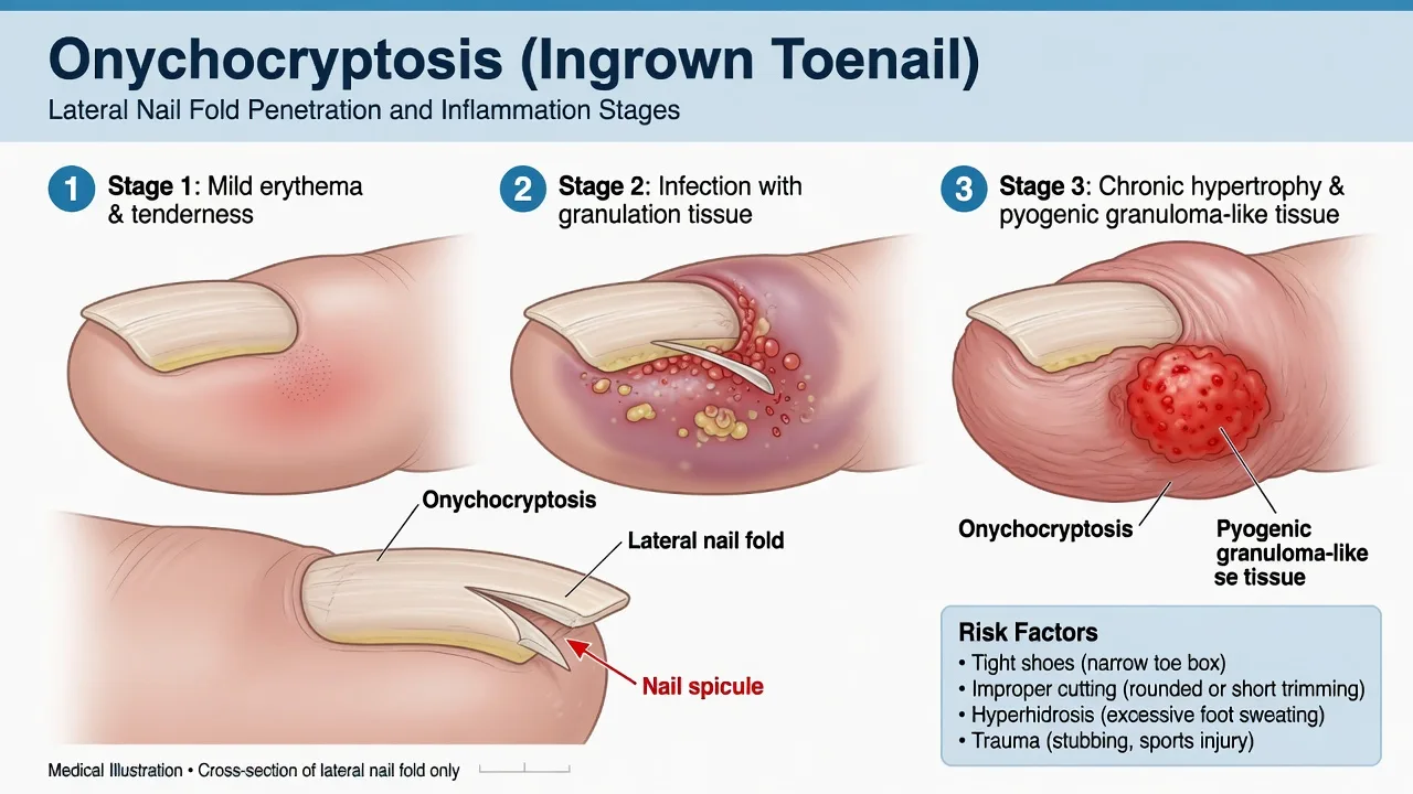 Educational schematic of hallux nail fold with stages of onychocryptosis inflammation infection and granulation