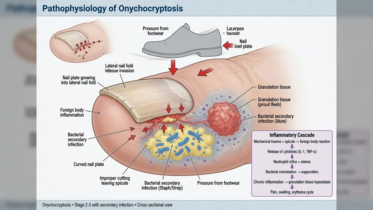 Pathophysiology schematic of nail spicule foreign-body inflammation secondary infection and granulation tissue