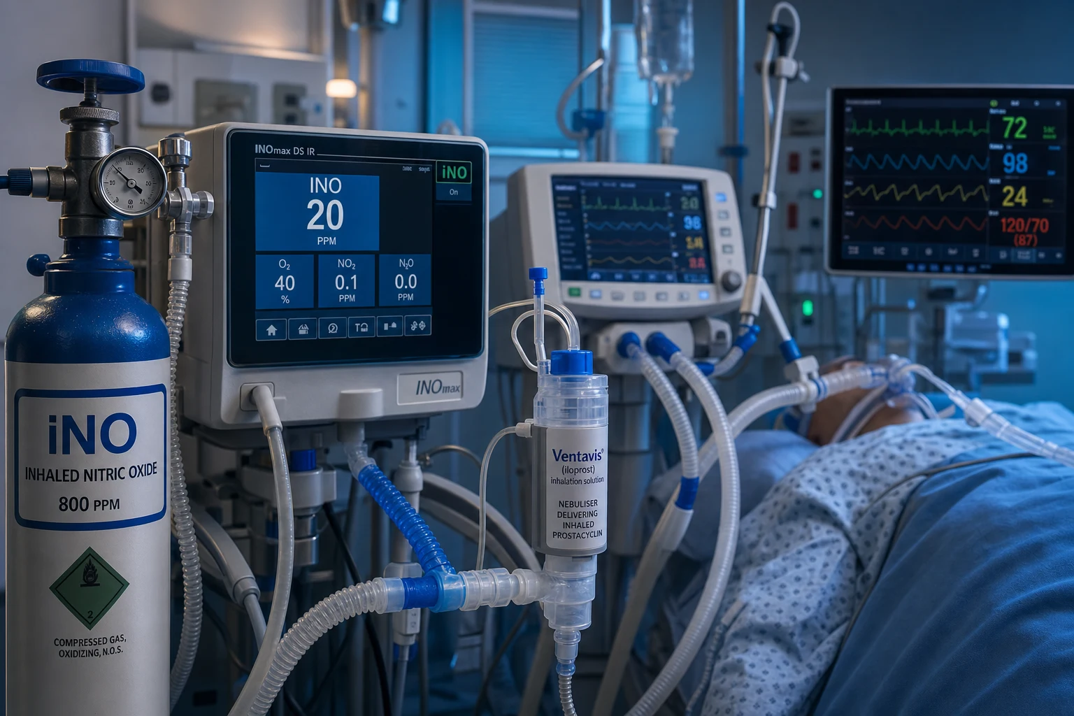 Cinematic ICU scene of an inhaled nitric oxide delivery system on a ventilator circuit with a labelled iNO tank and a dose-in-ppm monitor, alongside a nebuliser delivering inhaled prostacyclin, beside an intubated patient with a cardiac monitor, clinical-blue lighting