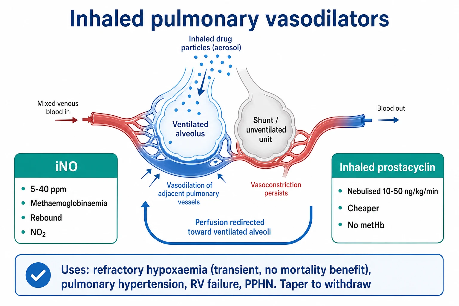 Infographic on a white clinical-blue background: a central alveolus-capillary diagram showing the drug reaching only ventilated alveoli and dilating their vessels (blue arrows redirecting perfusion from shunt units); two comparison columns iNO (5-40 ppm; methaemoglobinaemia, rebound, NO2) vs inhaled prostacyclin (nebulised 10-50 ng/kg/min; cheaper, no metHb); banner 'Uses: refractory hypoxaemia (transient, no mortality benefit), pulmonary hypertension, RV failure, PPHN. Taper to withdraw'. Flat vector illustration, crisp typography.