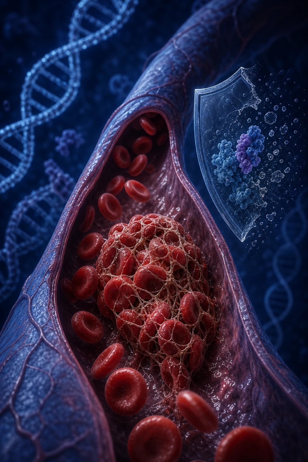 Cinematic 3D close-up of a blood vessel with a venous clot forming, surrounded by gene-helix motifs and a missing natural-anticoagulant shield, against a deep navy background