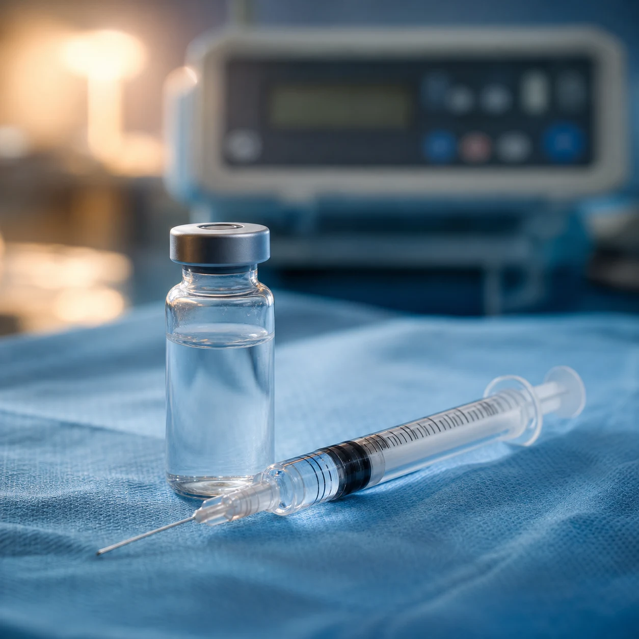 Cinematic ICU scene of a variable-rate insulin infusion pump beside a glucometer and a sliding-scale titration chart, clinical-blue lighting, medical educational, no faces, no text