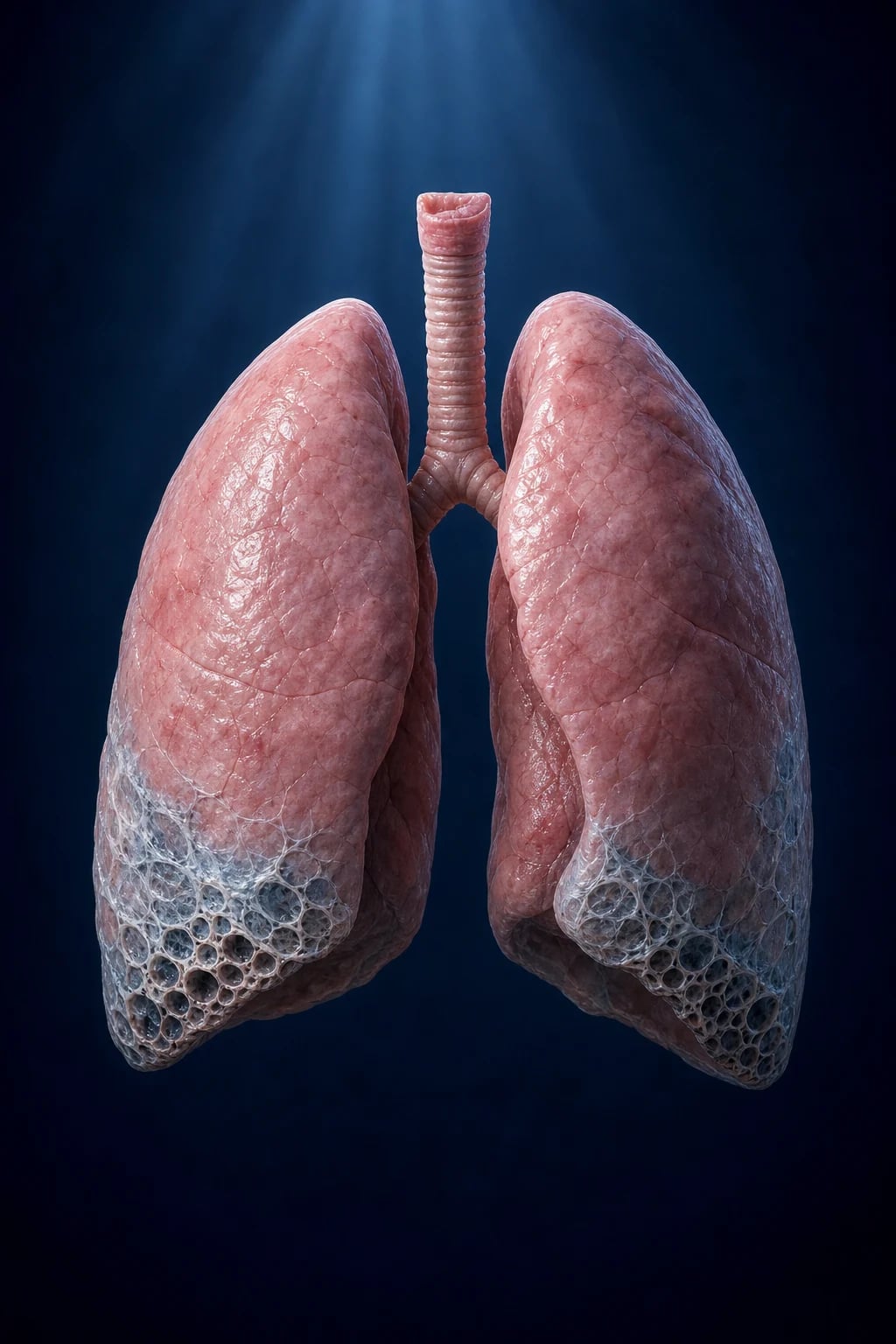 Cinematic 3D anatomical illustration of a fibrotic lung showing basal subpleural honeycombing, reticulation, and traction bronchiectasis, against a deep navy background