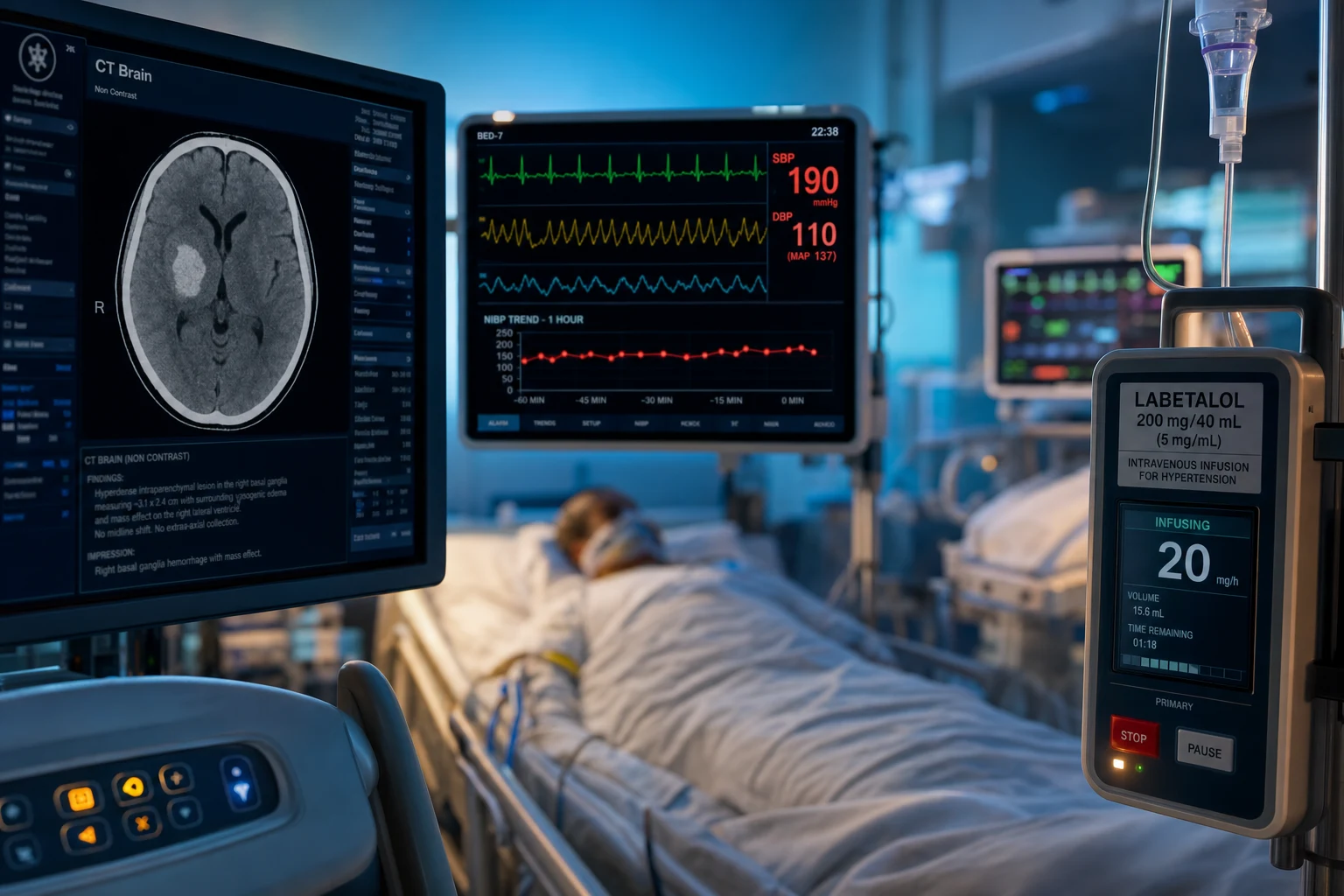 Cinematic ICU scene of a patient with ICH, a CT on screen showing a hyperdense lesion in the right basal ganglia with mass effect, a monitor showing hypertension SBP 190, an IV labetalol infusion, clinical-blue lighting