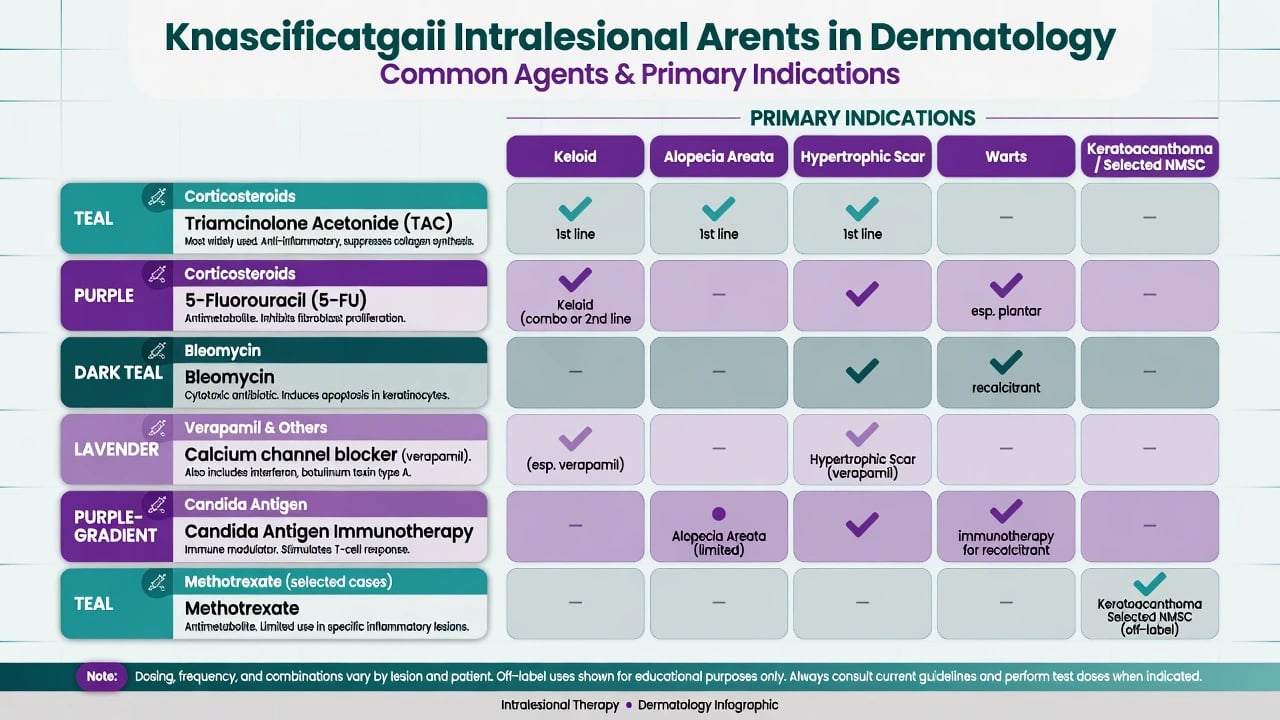 Grid of intralesional agents and primary dermatologic indications