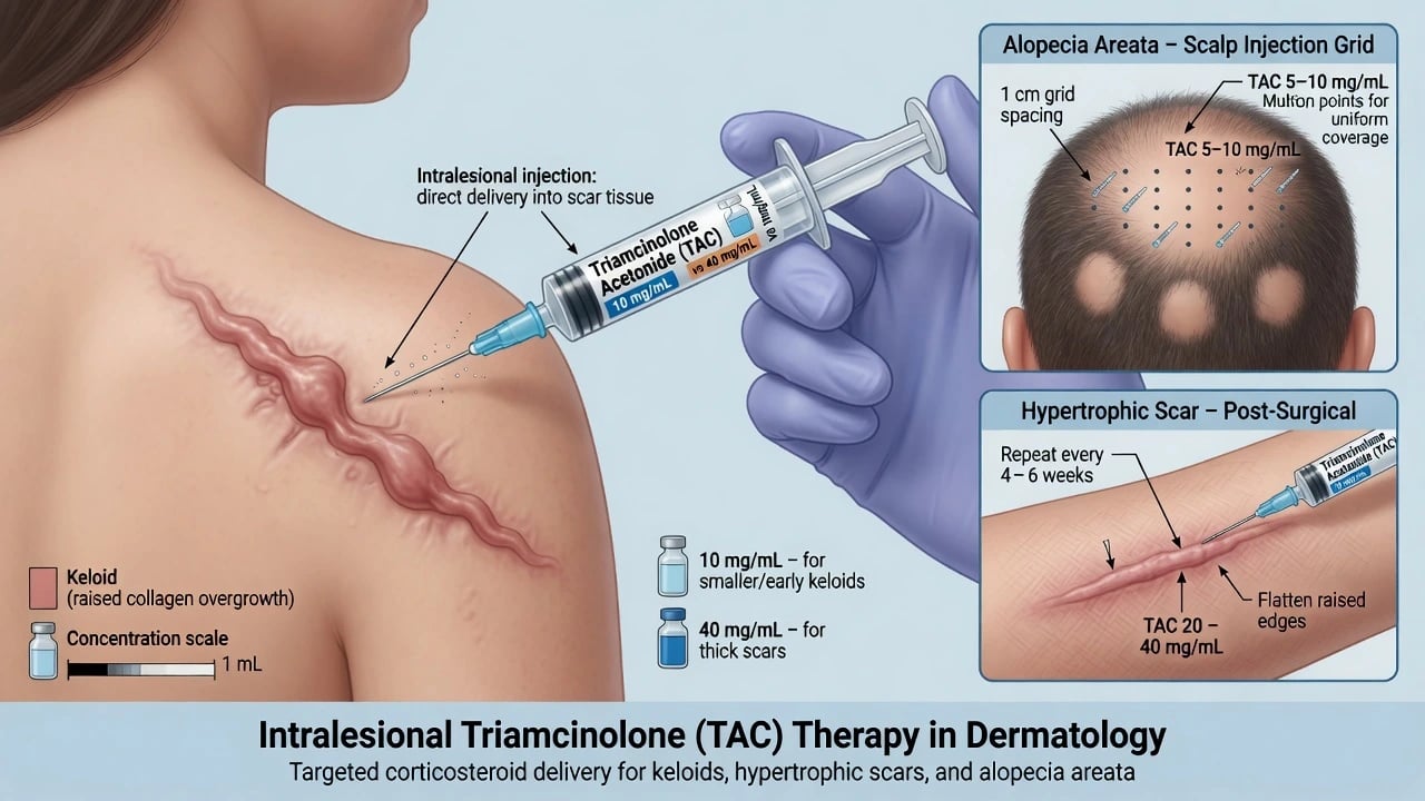 Intralesional triamcinolone injection into shoulder keloid with alopecia areata grid inset