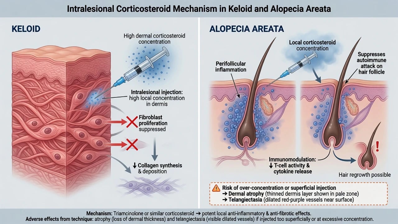 Mechanisms of intralesional steroid in keloid fibroblasts and alopecia areata follicles with atrophy risk