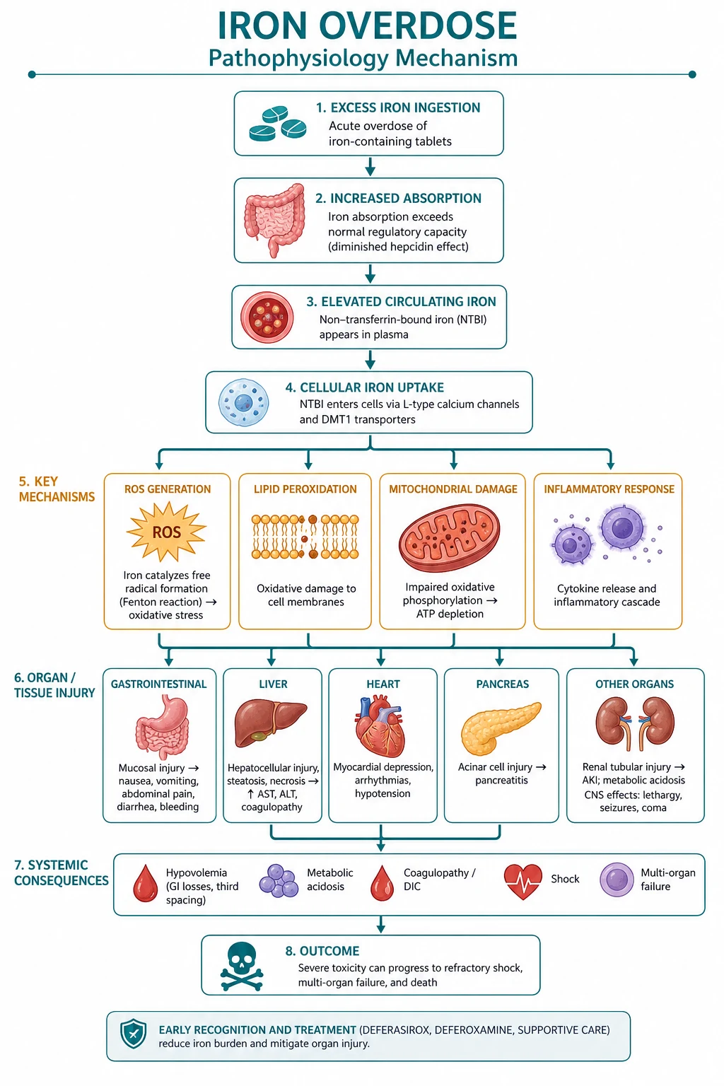Scientifically accurate medical pathophysiology infographic on a deep navy background titled Iron Poisoning Pathophysiology, showing three zones connected by red downward arrows: Zone 1 GI corrosive injury with a haemorrhagic stomach mucosa releasing Fe2+ ions, Zone 2 a hepatocyte with the Fenton reaction Fe2+ plus H2O2 producing hydroxyl radicals that attack and uncouple mitochondria producing lactic acid, plus iron inhibiting thrombin to cause coagulopathy, Zone 3 end-organ damage with centrilobular hepatic necrosis, acute tubular necrosis, coma and cardiogenic shock, plus a four-stage timeline inset