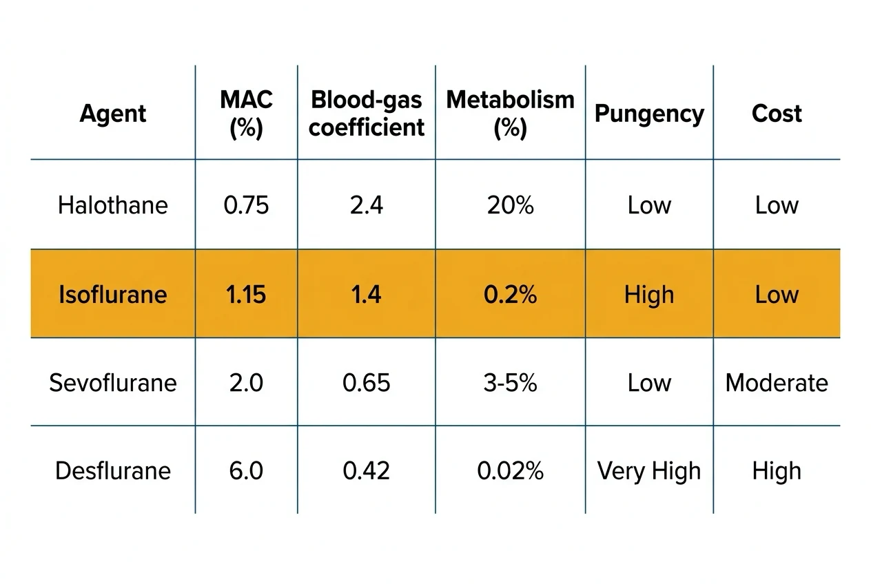 A clean clinical comparison table of the four volatile anaesthetic agents across six properties: MAC in percent (halothane 0.75, isoflurane 1.15, sevoflurane 2.0, desflurane 6.0), blood-gas partition coefficient (halothane 2.4, isoflurane 1.4, sevoflurane 0.65, desflurane 0.42), oil-gas partition coefficient (halothane 224, isoflurane 91, sevoflurane 47, desflurane 19), metabolism percent (halothane 20, isoflurane 0.2, sevoflurane 3 to 5, desflurane 0.02), pungency (halothane mild, isoflurane pungent, sevoflurane non-pungent, desflurane pungent), and cost (halothane cheap, isoflurane cheap, sevoflurane moderate, desflurane expensive), on a white background with a clinical-blue header, isoflurane's row highlighted.