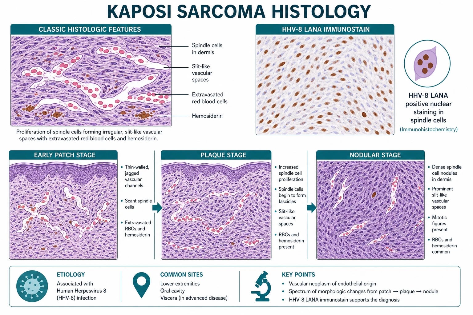 KS histology across three stages: patch with jagged angulated vascular channels and promontory sign; plaque with spindle cell fascicles; nodular with dense spindle cell sheets and slit-like spaces, extravasated RBCs and hemosiderin; HHV-8 LANA nuclear staining
