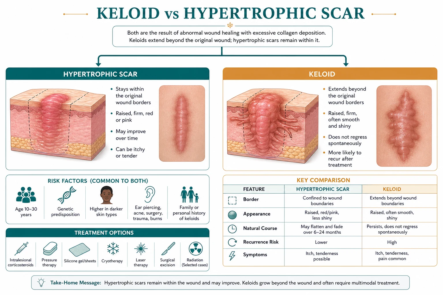 Side-by-side comparison illustration of a keloid (claw-like extensions beyond the wound margin) and a hypertrophic scar (raised but contained within the wound margin) on the chest, with arrow callouts