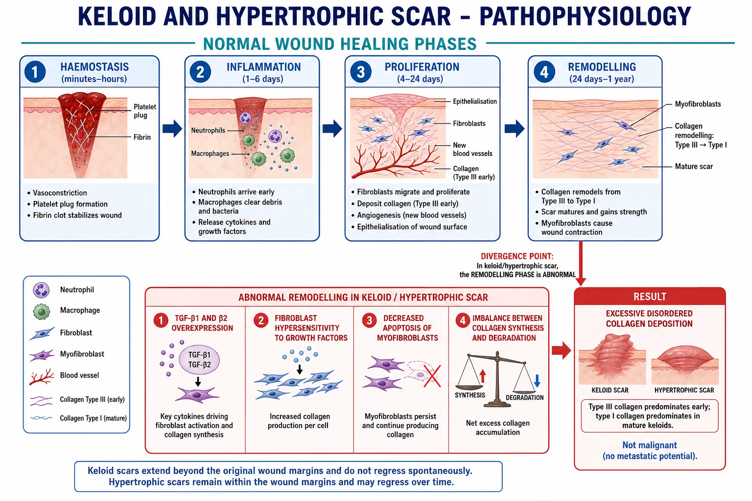 Wound healing phases infographic showing the divergence point at remodelling: TGF-beta1/beta2 overexpression, fibroblast hypersensitivity, decreased apoptosis, collagen synthesis/degradation imbalance