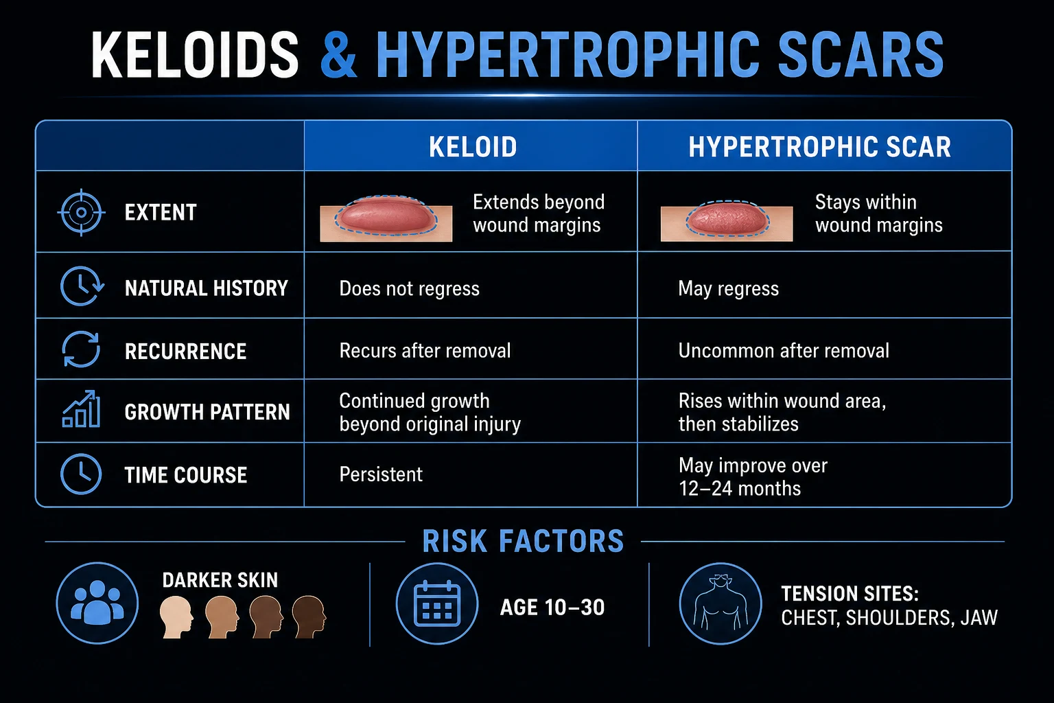 Clean infographic comparing keloid versus hypertrophic scar with features and risk factors arranged in two columns