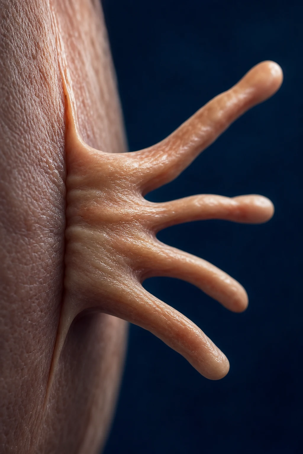 Cinematic 3D close-up of skin with a raised, thickened, rubbery band of tissue with claw-like extensions spreading into surrounding normal skin, set against a deep navy background