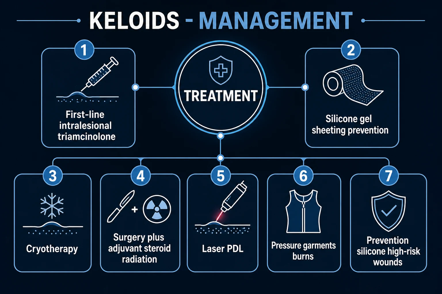 Clean management infographic showing the treatment ladder from first-line intralesional corticosteroid through silicone, cryotherapy, pressure, surgery with adjuvant radiation, 5-FU, bleomycin, laser, and prevention strategies