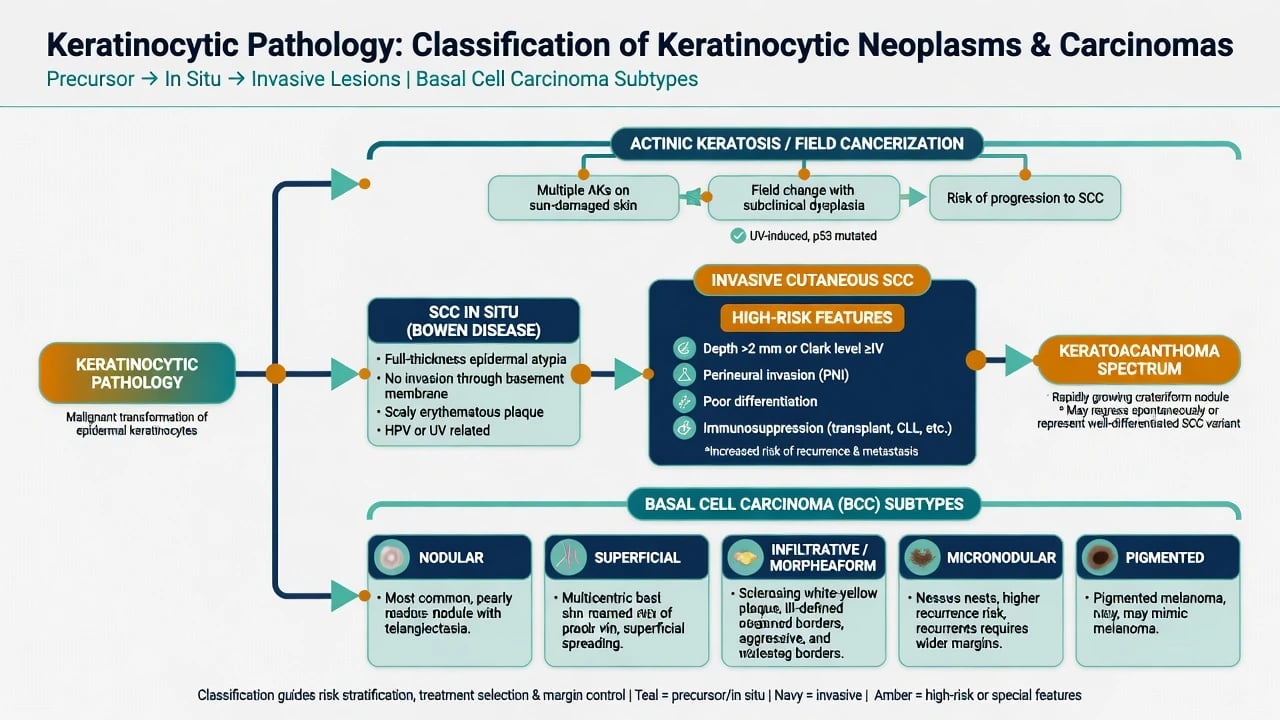 Classification tree of keratinocytic pathology including AK, Bowen, invasive SCC high-risk features, keratoacanthoma, and BCC subtypes