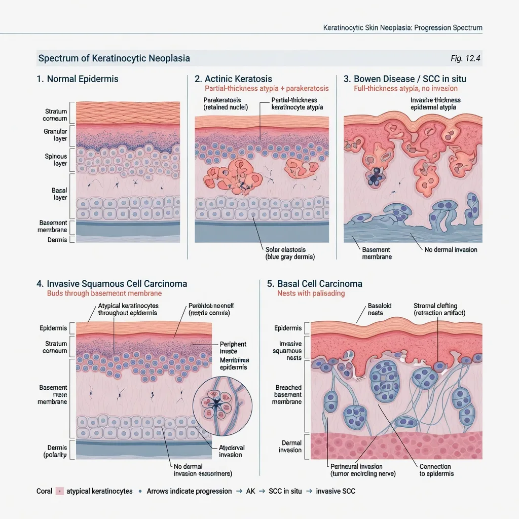 Educational multi-panel schematic of normal epidermis, actinic keratosis, Bowen disease, invasive SCC, and basal cell carcinoma nests with palisading