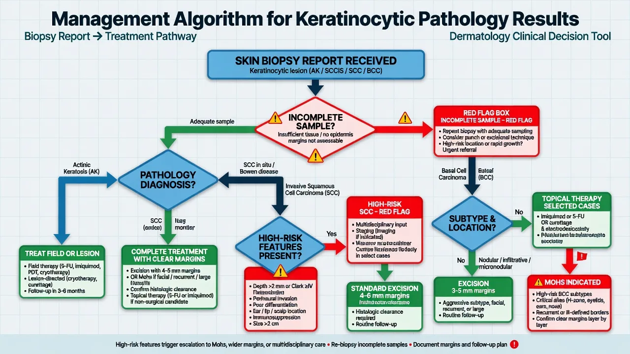 Flowchart from keratinocytic biopsy report to AK field care, SCCIS treatment, invasive SCC risk pathway, and BCC subtype-based surgery