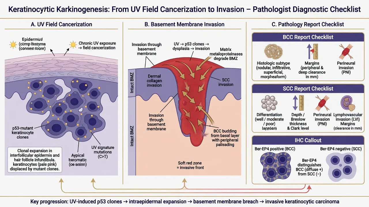 Diagram of UV field cancerization, basement membrane invasion, and pathologist checklist for BCC and SCC report elements including Ber-EP4