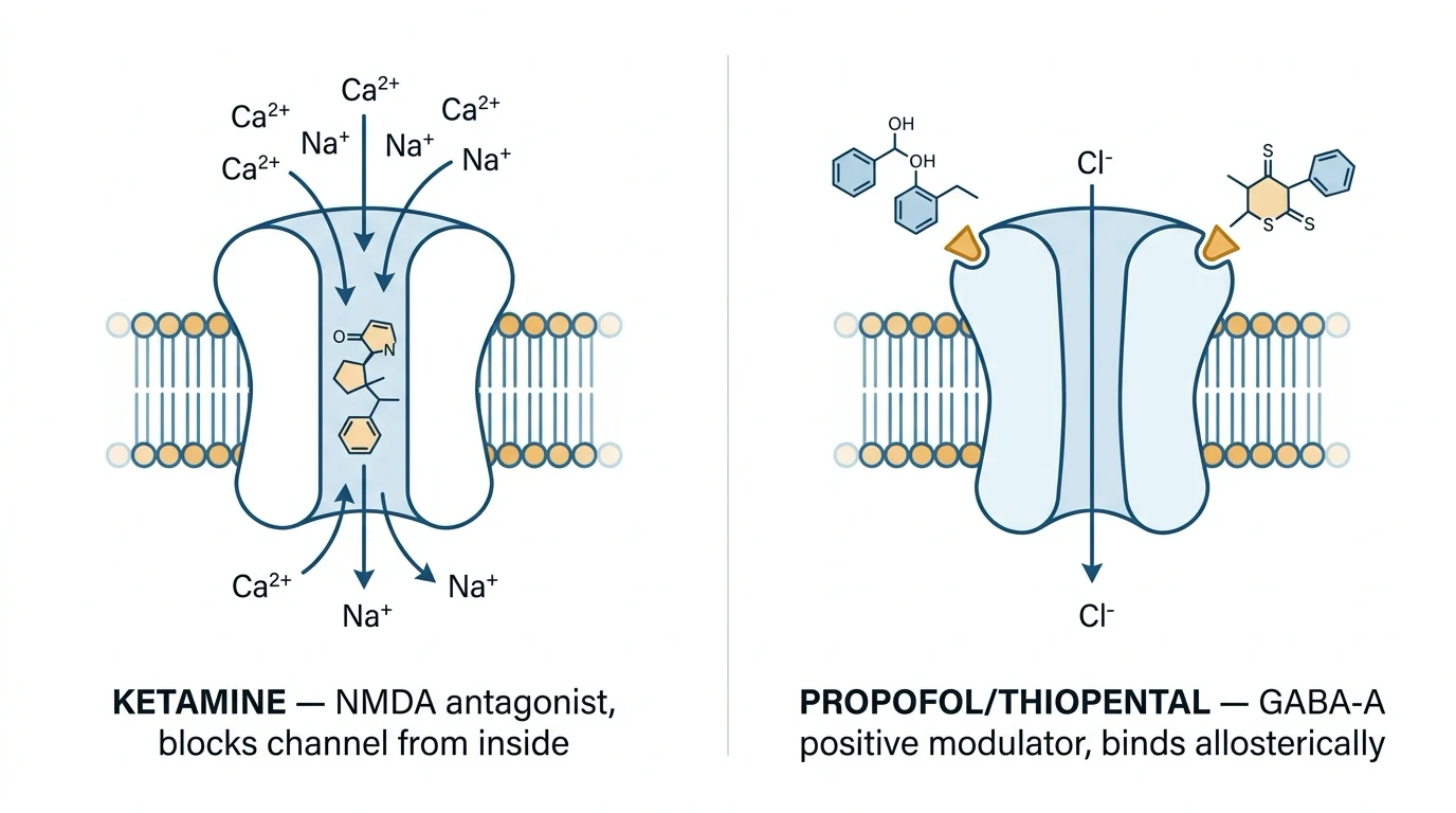 A clean side-by-side clinical schematic of two ligand-gated ion channels on a white background. On the LEFT, the NMDA receptor: glutamate bound at the GluN2 site, glycine bound at the GluN1 co-agonist site, the magnesium block displaced by depolarisation, the channel open, and a ketamine molecule plugging the open pore from inside with use-dependent open-channel block, blocking the calcium and sodium influx arrows. On the RIGHT, the GABA-A receptor: propofol or thiopental bound at an allosteric site on the outside of the channel, increasing chloride channel opening frequency or duration, with chloride influx arrows. Clinical-blue ion arrows, amber ligand labels.