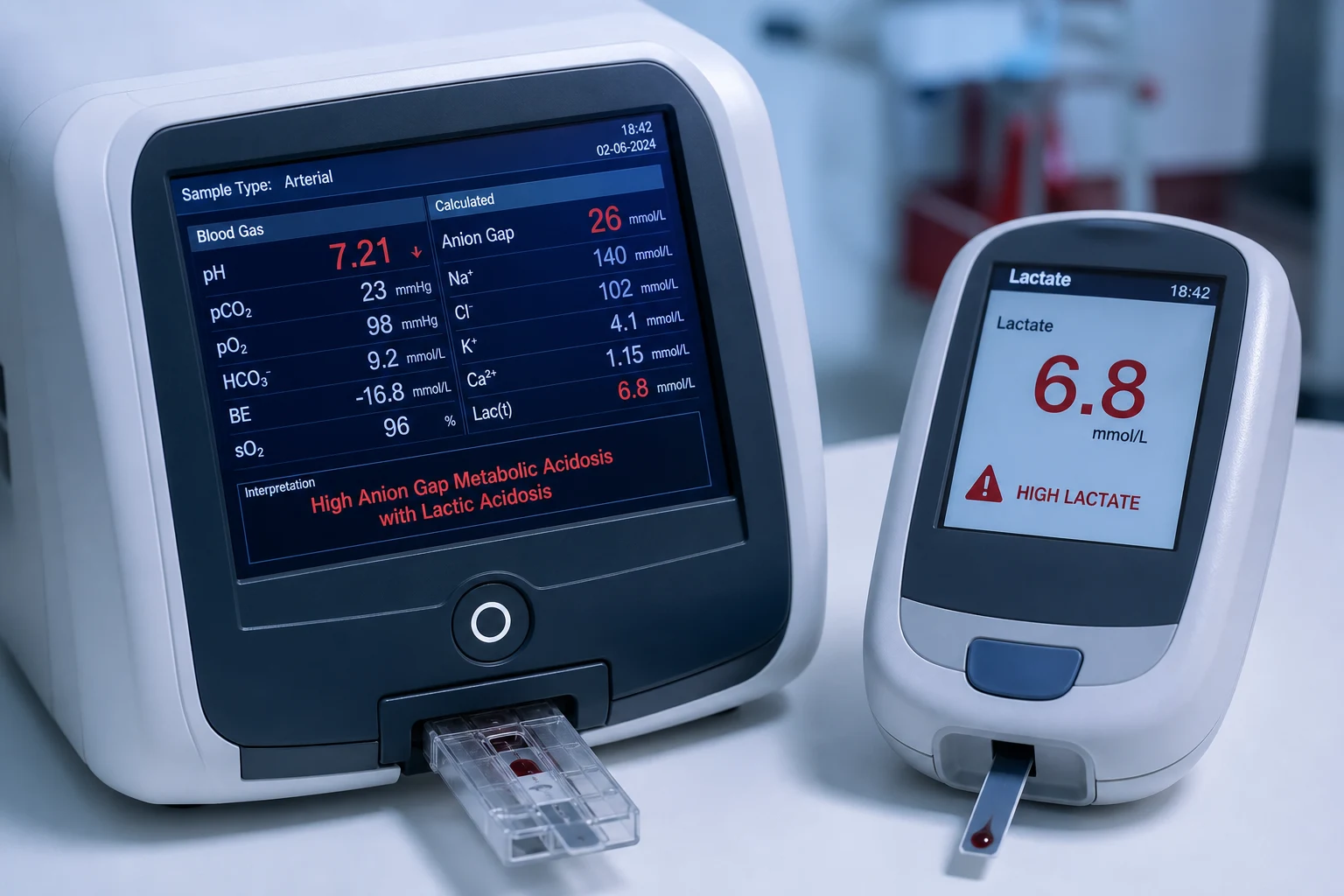 Clean medical illustration of a bedside blood-gas analyser and a lactate meter showing a high lactate value, a high-anion-gap acidosis readout, clinical-blue lighting, a serious urgent mood