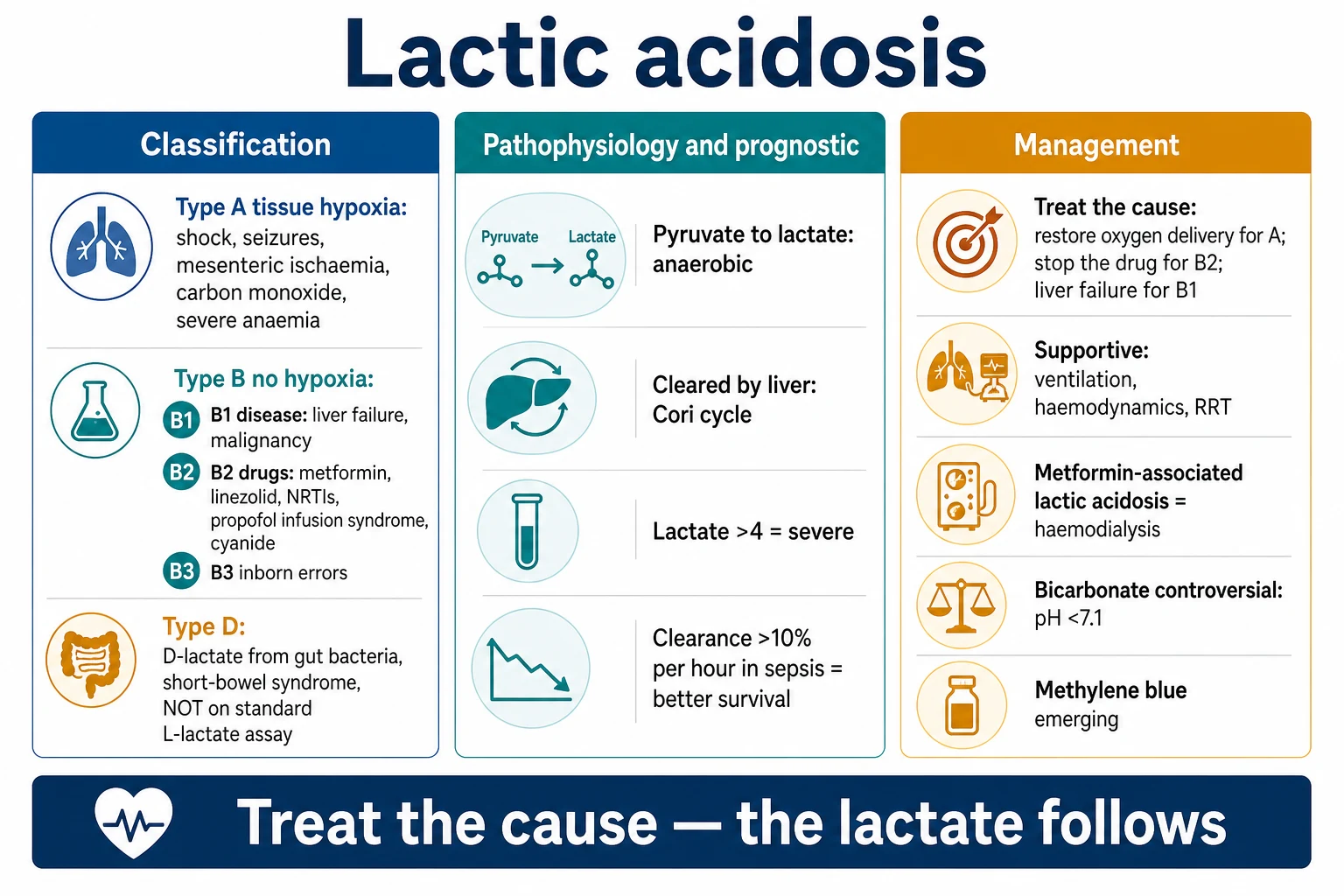 Three-panel infographic on a white clinical-blue background: LEFT classification (Type A tissue hypoxia — shock/seizures/mesenteric ischaemia/CO/severe anaemia; Type B no hypoxia — B1 disease liver failure/malignancy, B2 drugs metformin/linezolid/NRTIs/propofol infusion syndrome/cyanide, B3 inborn errors; Type D D-lactate from gut bacteria short-bowel NOT on standard L-lactate assay); CENTRE pathophysiology and prognostic (pyruvate to lactate anaerobic; cleared by liver Cori cycle; lactate over 4 severe; clearance over 10 per cent per hour in sepsis better survival); RIGHT management (treat the cause — restore O2 delivery for A, stop drug for B2, liver failure for B1; supportive ventilation/haemodynamics/RRT; MALA haemodialysis; bicarbonate controversial pH under 7.1; methylene blue emerging). Banner 'Treat the cause — the lactate follows'. Flat vector illustration, crisp typography.