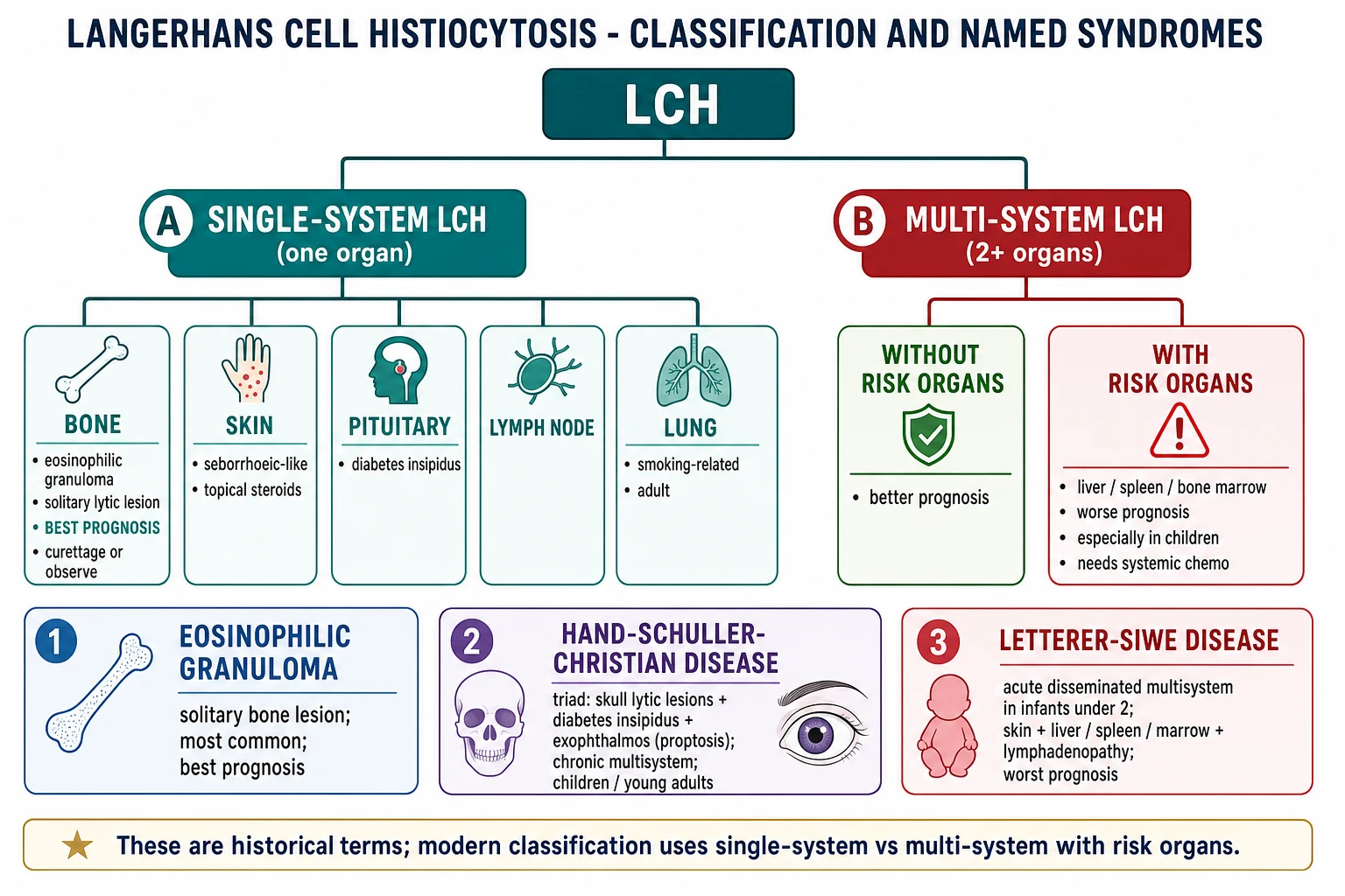 Classification tree: single-system (bone, skin, pituitary, lymph node, lung) vs multi-system (with/without risk organs); named syndromes: eosinophilic granuloma, Hand-Schüller-Christian triad, Letterer-Siwe