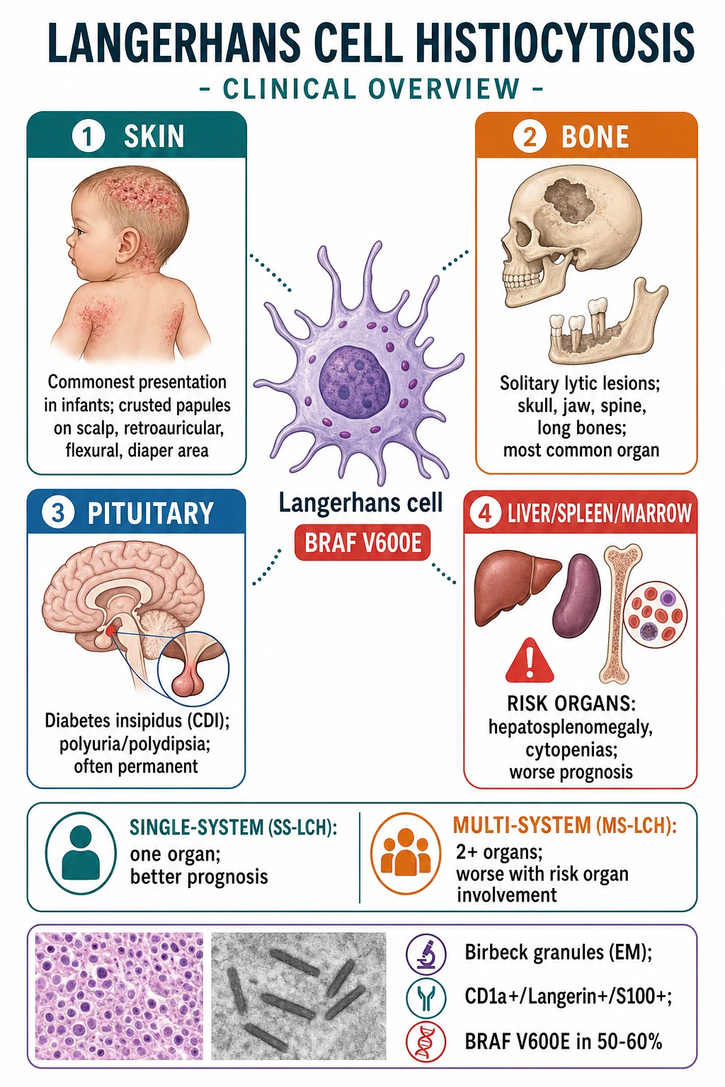 Clinical overview: skin involvement, bone lytic lesions, pituitary DI, risk organs; classification SS vs MS; BRAF V600E; histology Birbeck granules CD1a/Langerin/S100