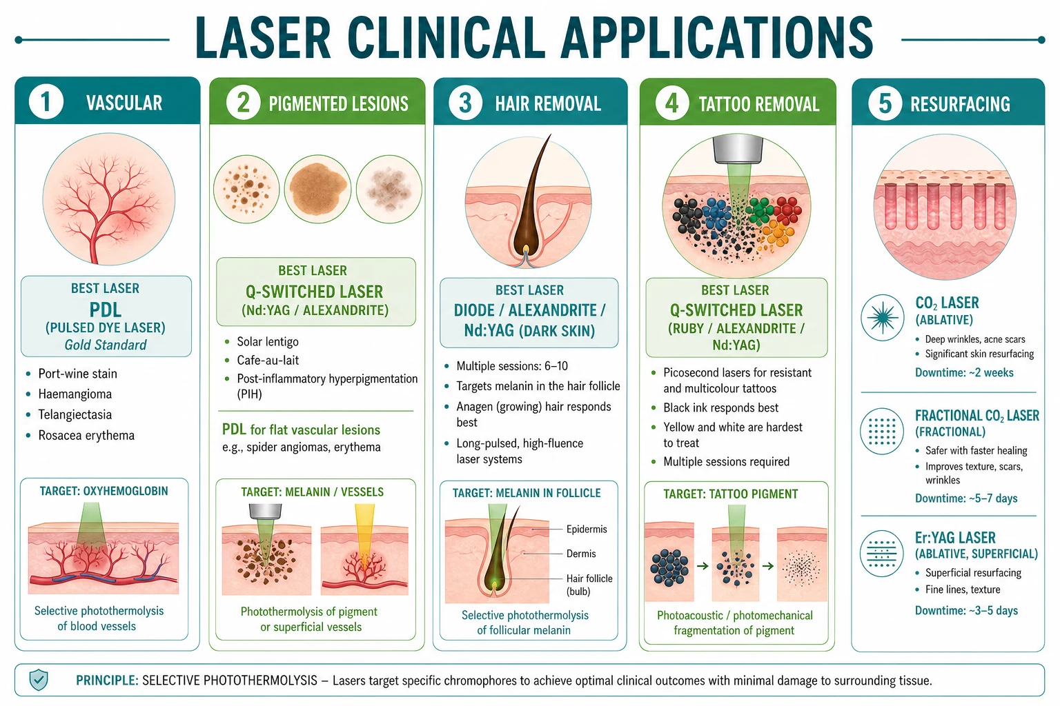 Clinical applications: vascular (PDL for port-wine stain, haemangioma, telangiectasia, rosacea), pigmented (Q-switched for lentigo, melasma, PIH), hair removal (diode, alexandrite, Nd:YAG), tattoo removal (Q-switched and picosecond), and resurfacing (CO2 and fractional for wrinkles and scars)