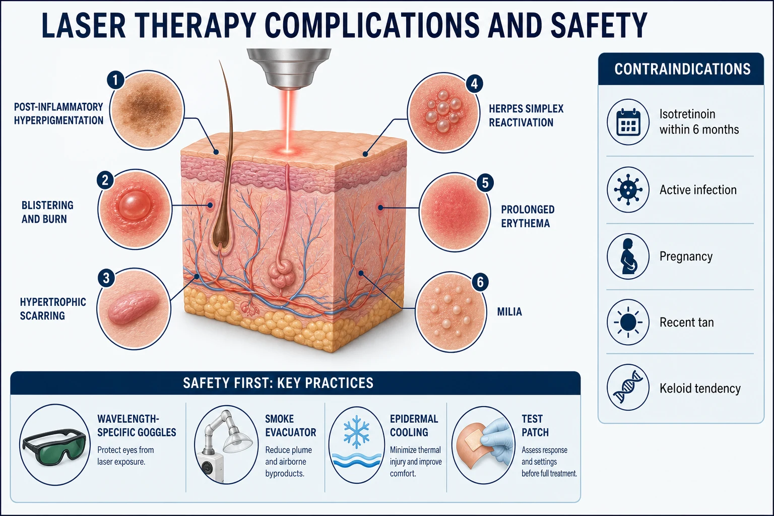 Complications of laser therapy: post-inflammatory hyperpigmentation, blistering and burns, hypertrophic scarring, herpes simplex reactivation, prolonged erythema, and milia, with contraindication reminders