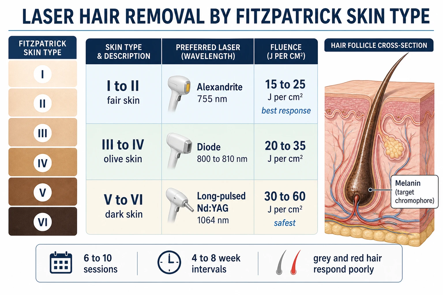Hair removal by Fitzpatrick skin type: alexandrite 755 nm for fair skin I-III, diode 800-810 nm for olive skin III-IV, and long-pulsed Nd:YAG 1064 nm for dark skin V-VI, with fluence ranges and follicle thermal relaxation time