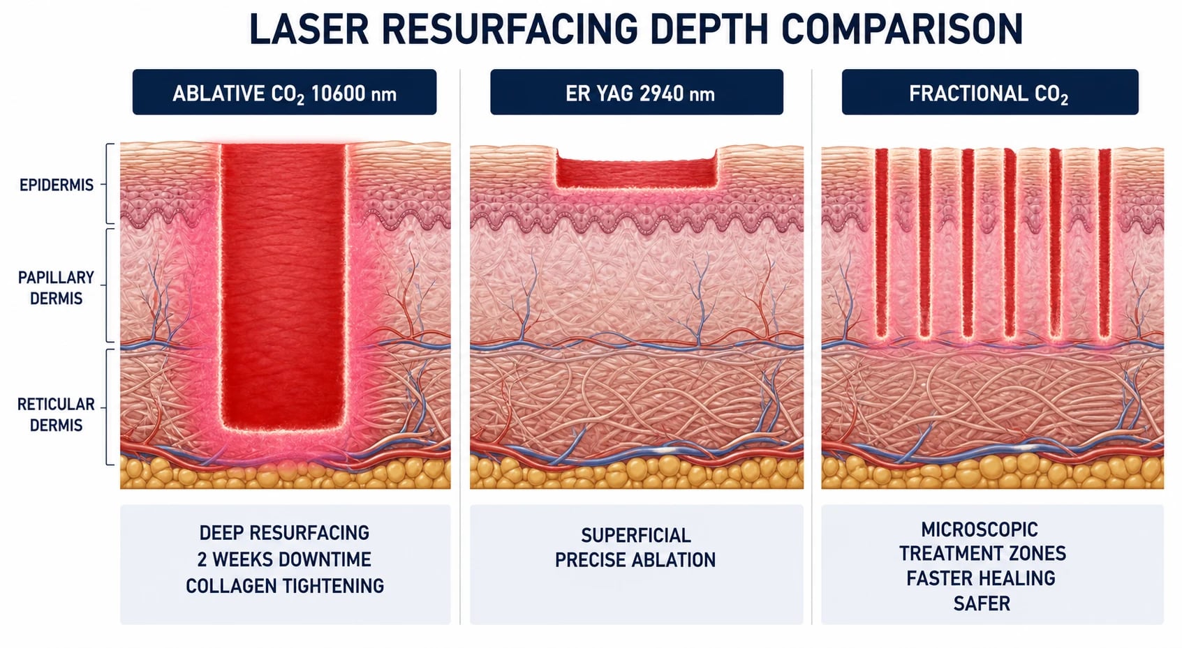 Cross-section comparison of ablative CO2 10600 nm deep thermal zone, Er:YAG 2940 nm shallow precise ablation, and fractional CO2 microscopic treatment zones sparing intervening tissue
