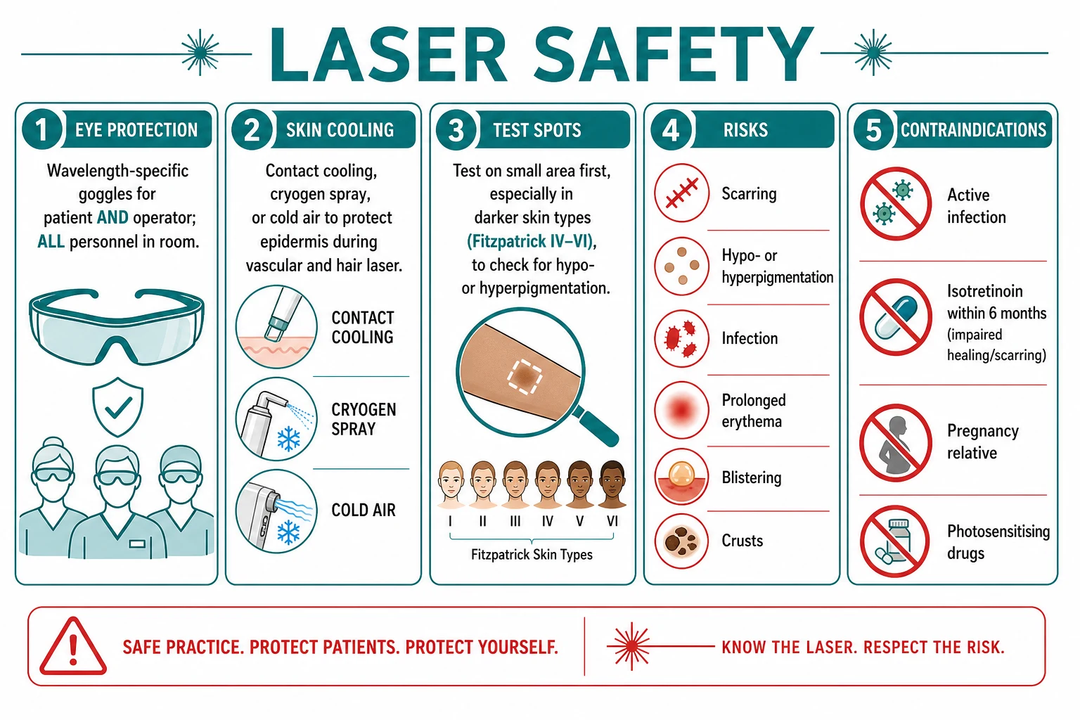 Laser safety: wavelength-specific eye protection for patient, operator and staff; epidermal cooling devices; smoke evacuator for laser plume; test patches in Fitzpatrick IV-VI; contraindications including isotretinoin within 6 months