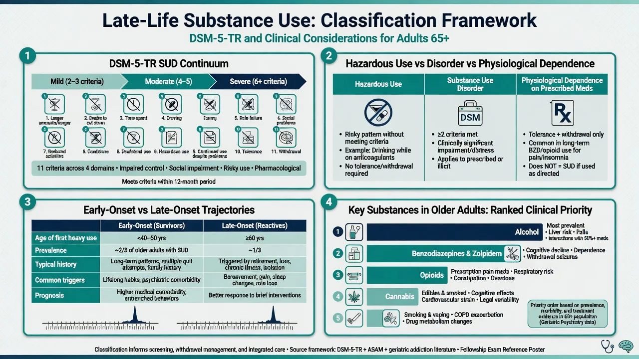 Classification framework for late-life substance use including DSM-5-TR continuum, hazardous use versus disorder versus physiological dependence, early versus late onset, and ranked substances