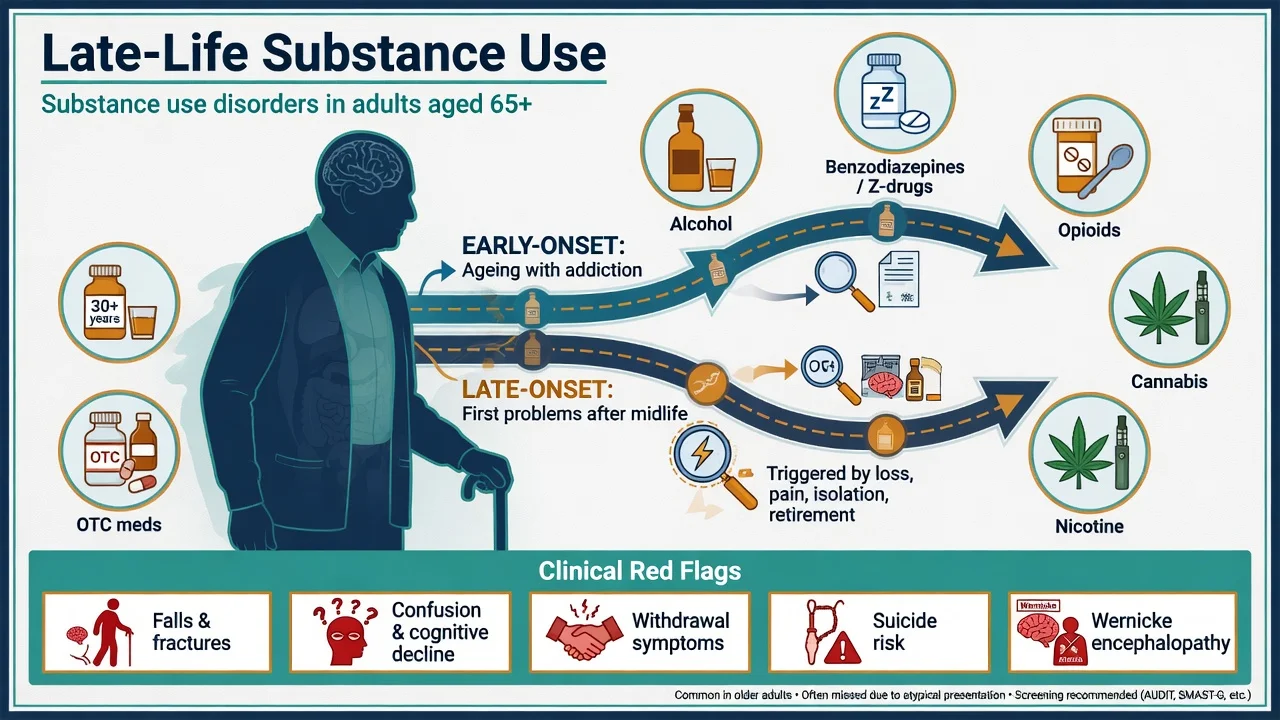 Educational poster on late-life substance use showing early-onset and late-onset trajectories with alcohol benzodiazepines opioids cannabis nicotine and clinical red flags