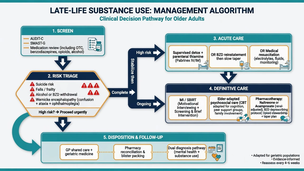 Clinical algorithm for late-life substance use from screening and risk triage through acute care definitive care and disposition follow-up