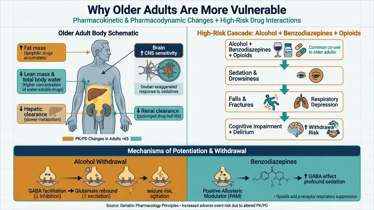 Diagram of age-related PK PD vulnerability and high-risk cascade of alcohol benzodiazepines and opioids with GABA glutamate withdrawal mechanisms