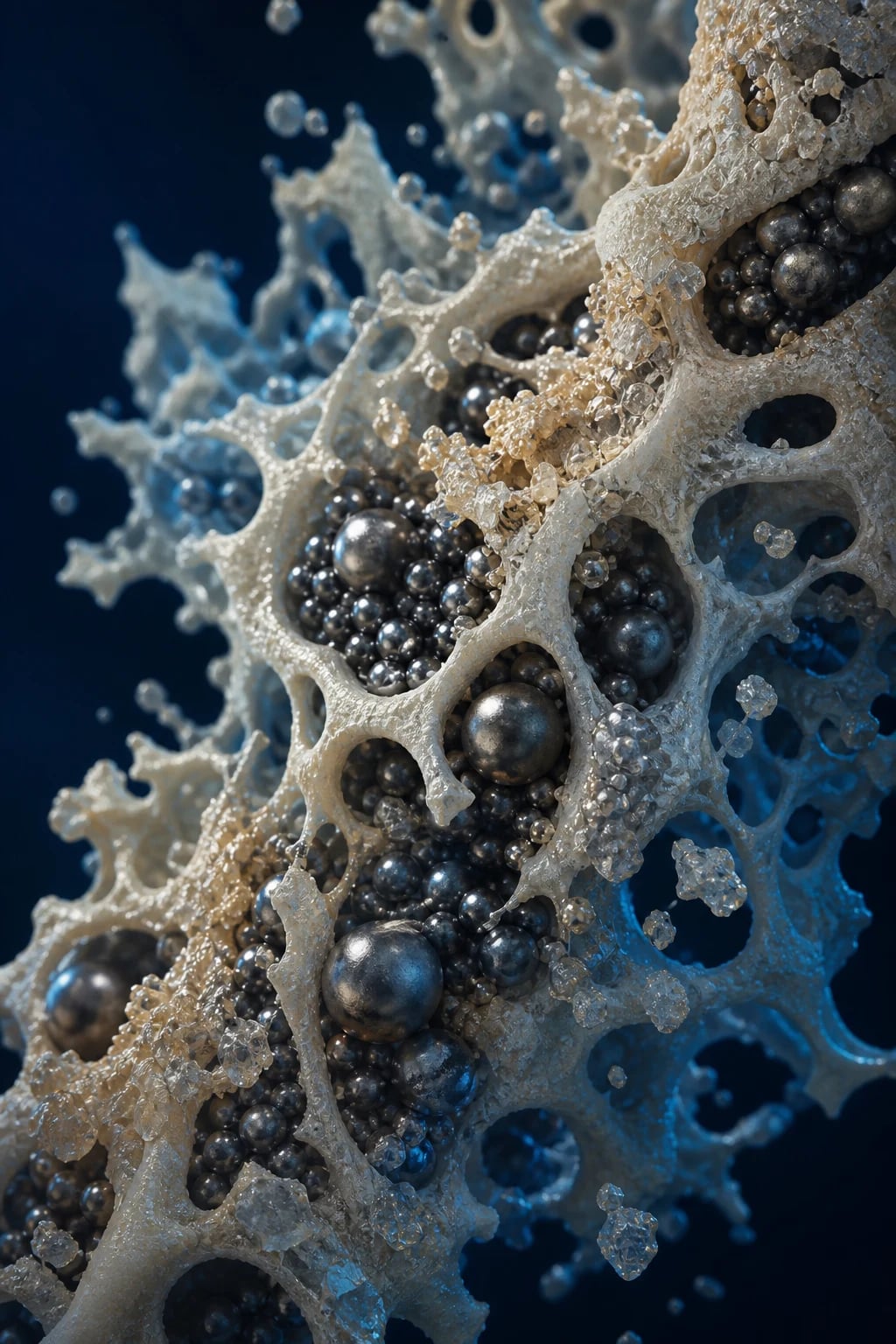 Cinematic 3D abstract illustration of a bone matrix infiltrated by heavy metallic lead atoms displacing lighter calcium atoms, deep navy background