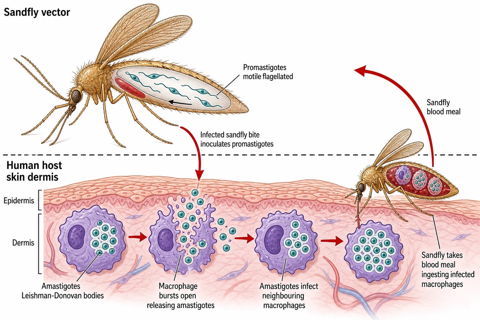 Two-host life cycle of Leishmania: promastigotes in the phlebotomine sandfly gut injected during a blood meal, transforming into intracellular amastigotes (Leishman-Donovan bodies) inside macrophages of the human dermis, which rupture and infect new macrophages, completing the cycle when another sandfly ingests infected cells