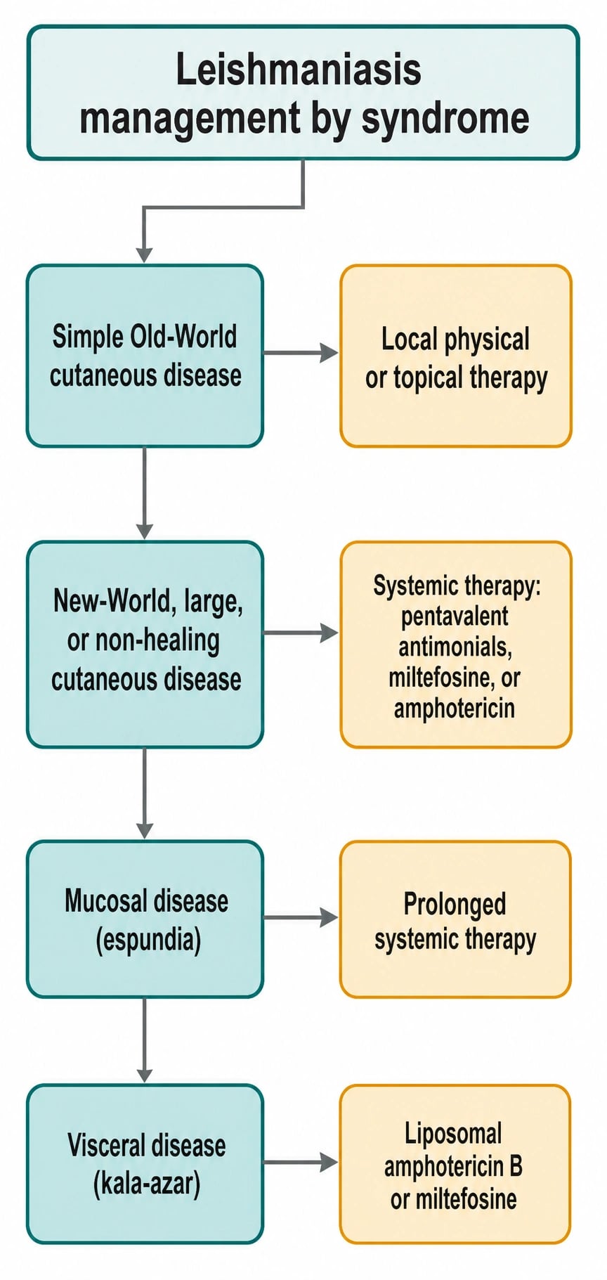 Treatment algorithm for leishmaniasis by syndrome: local physical or topical therapy for simple Old World cutaneous disease, systemic therapy for New World and mucosal disease, and liposomal amphotericin or miltefosine for visceral disease