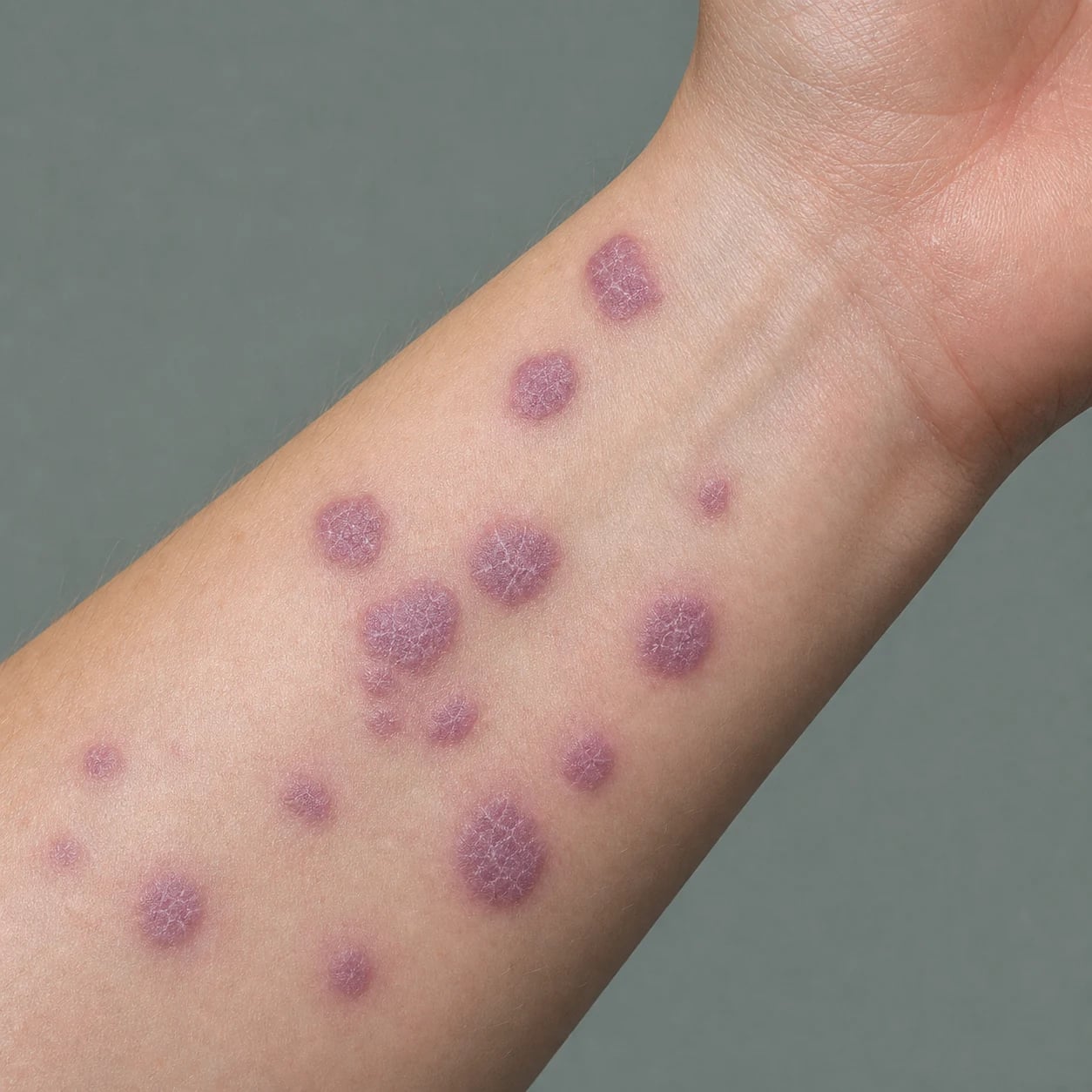 Violaceous, flat-topped, polygonal papules with Wickham striae on the flexor wrist