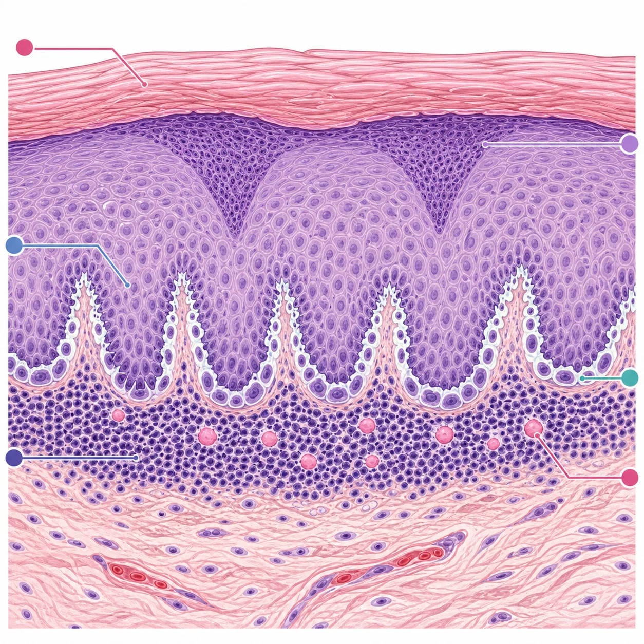 Histopathology diagram of lichen planus showing sawtooth rete ridges, wedge-shaped hypergranulosis, band-like infiltrate and Civatte bodies