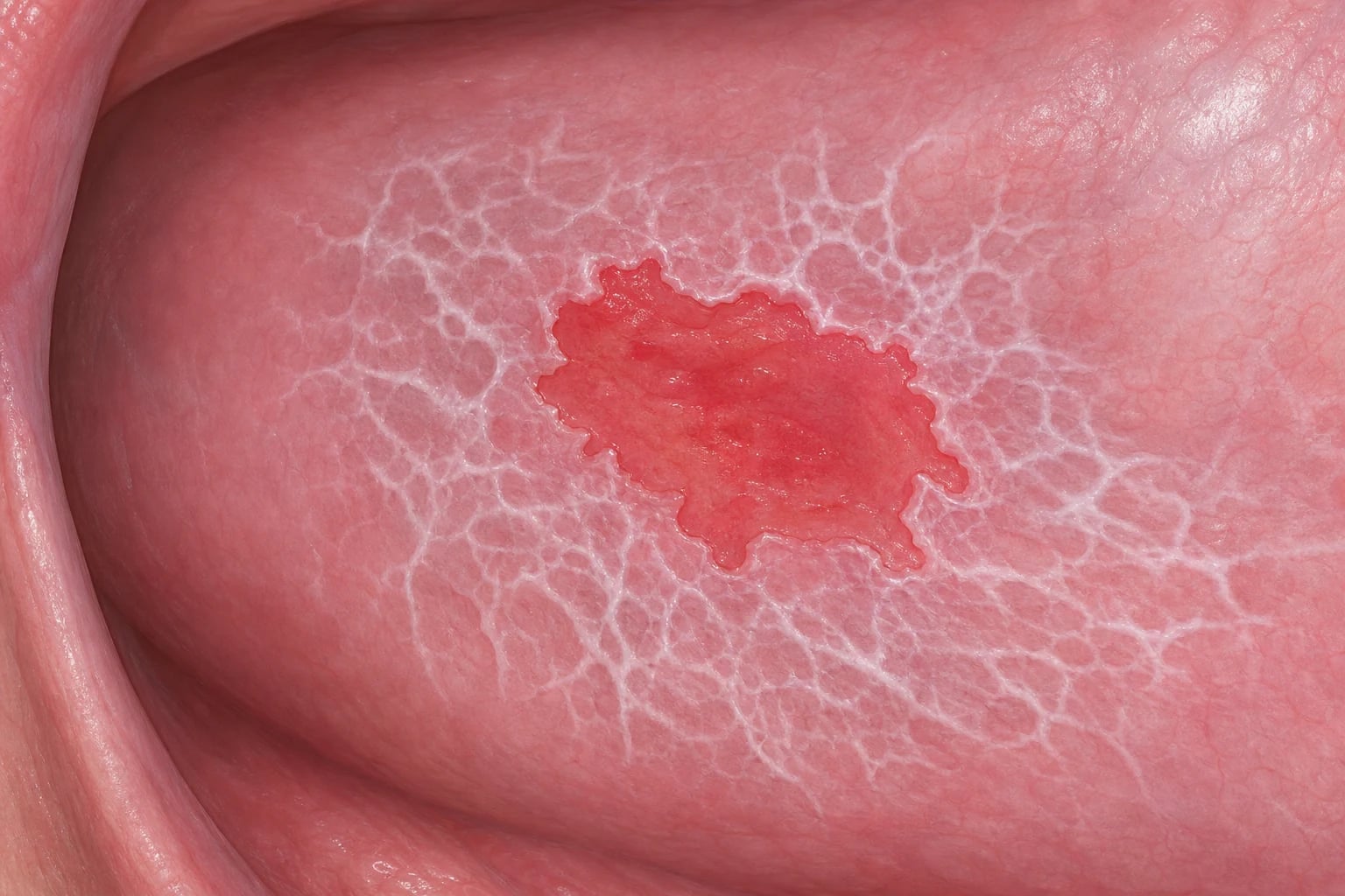 Erosive oral lichen planus with white reticular Wickham striae surrounding erythematous erosions on the buccal mucosa