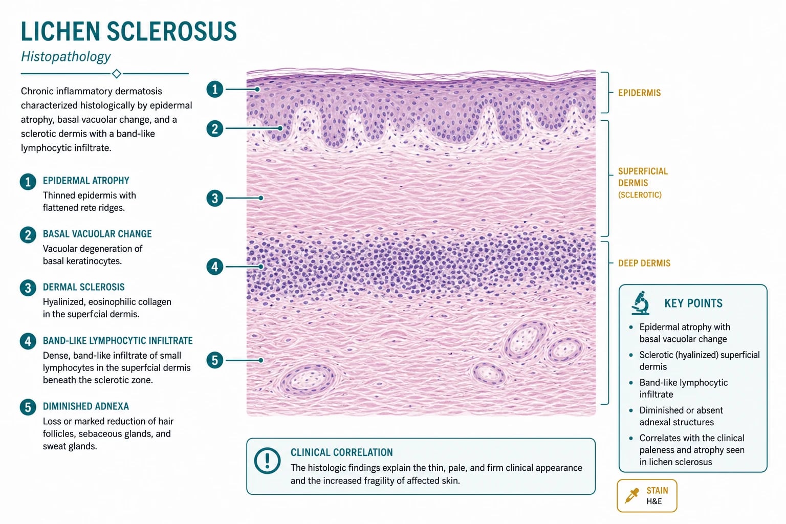 Cross-section showing the 'red' zone (epidermal atrophy + basal vacuolar degeneration), 'white' zone (hyalinised/sclerotic papillary dermis), and 'blue' zone (band-like lymphocytic infiltrate)