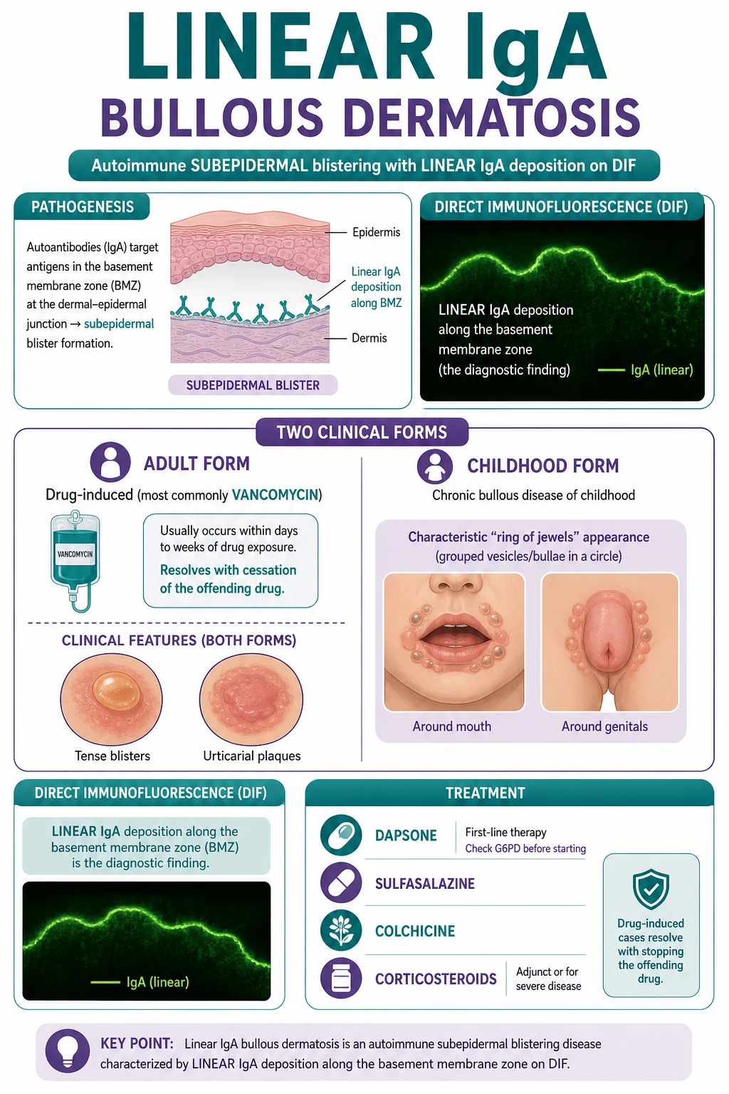Pathophysiology and clinical features of linear IgA bullous dermatosis showing IgA autoantibodies binding the basement membrane zone, neutrophil recruitment, subepidermal blister, and the adult and childhood clinical patterns