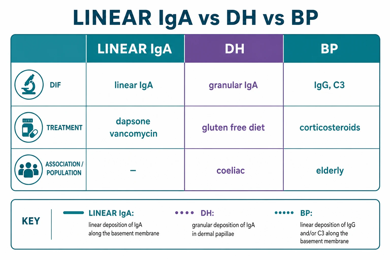 Three-column comparison of linear IgA bullous dermatosis versus dermatitis herpetiformis versus bullous pemphigoid showing DIF pattern immunoglobulin associations distribution and treatment
