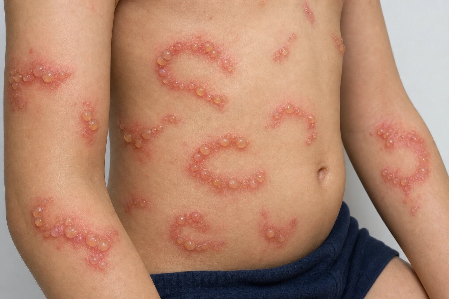 Tense blisters and urticarial annular plaques on trunk and limbs with a linear IgA band along the basement membrane zone on direct immunofluorescence, illustrating adult and childhood linear IgA bullous dermatosis