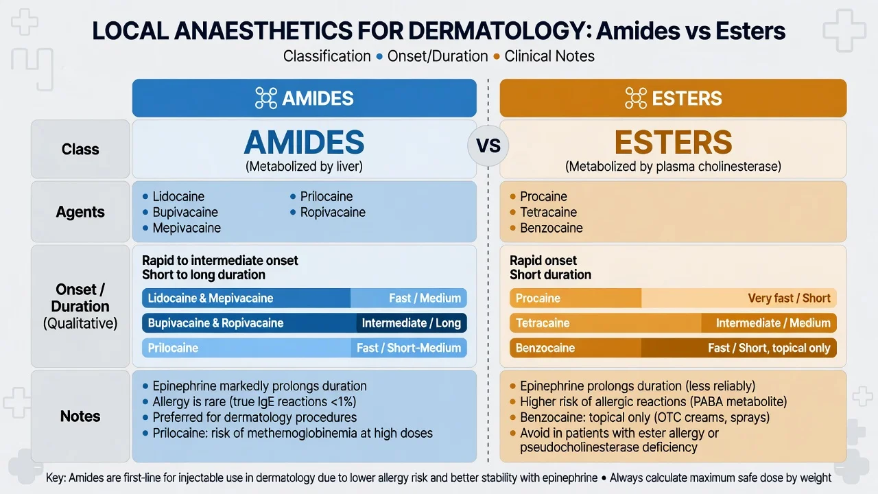 Educational comparison chart of amide versus ester local anaesthetics for dermatology