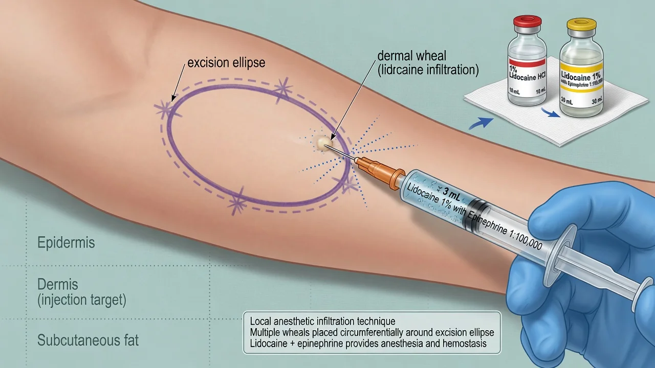 Educational illustration of lidocaine with epinephrine infiltration around a marked elliptical excision