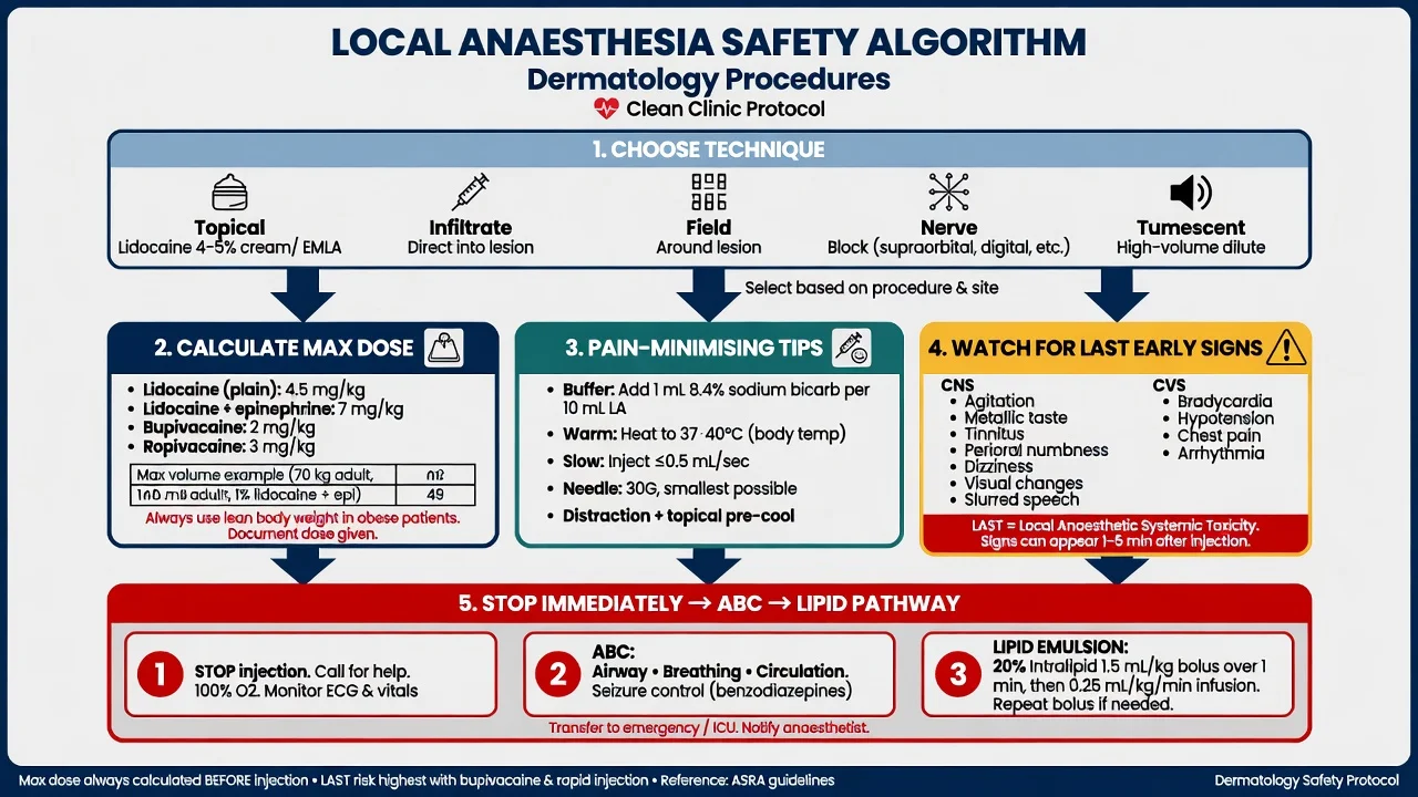 Educational safety algorithm for local anaesthesia in dermatology including dose calculation pain tips and LAST response